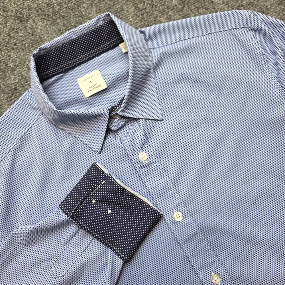 Con.Struct Men's Large Slim Fit 4 Way Stretch Blue Micro Pattern Flip Cuff Shirt